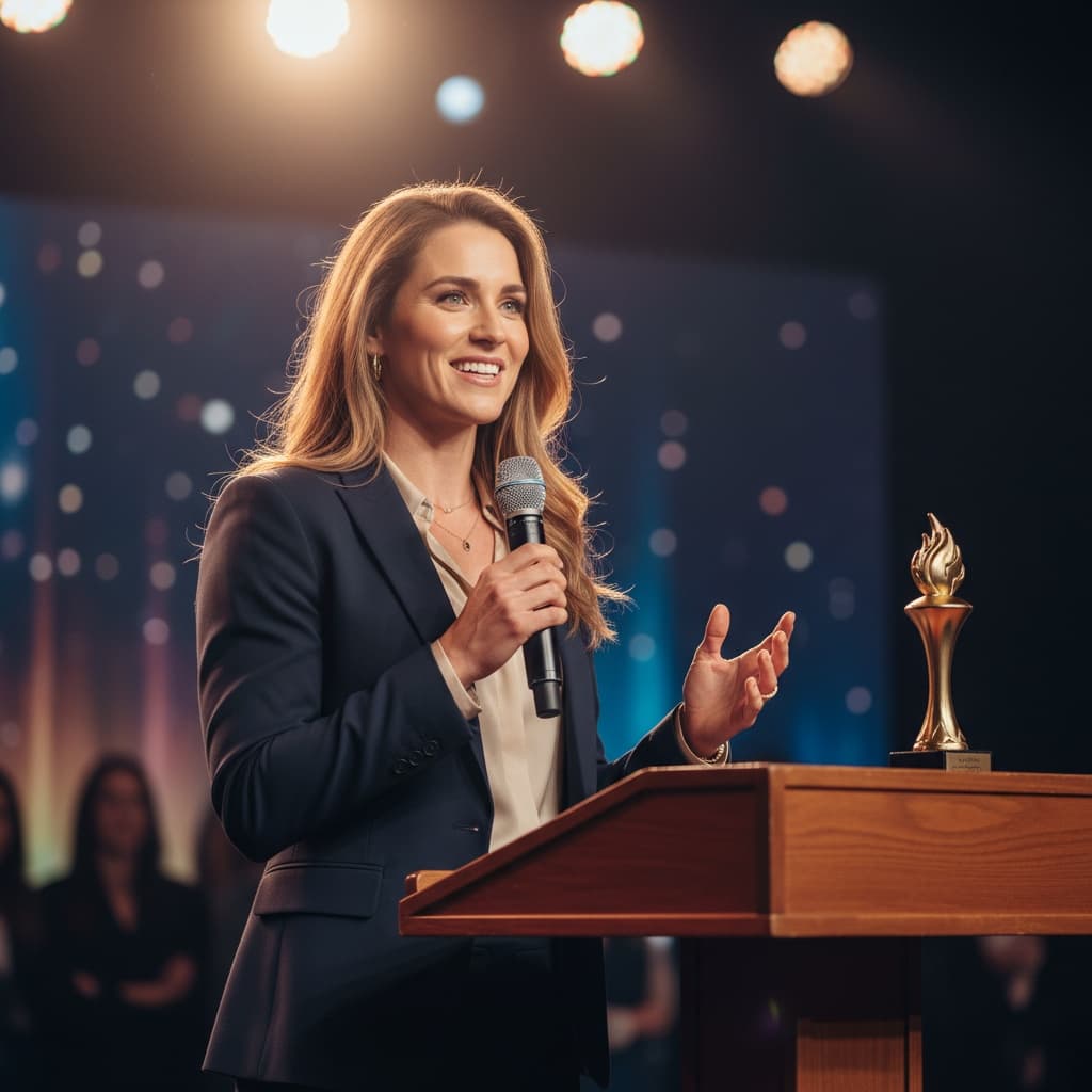 athletic white woman acceptance speech podium 21572110