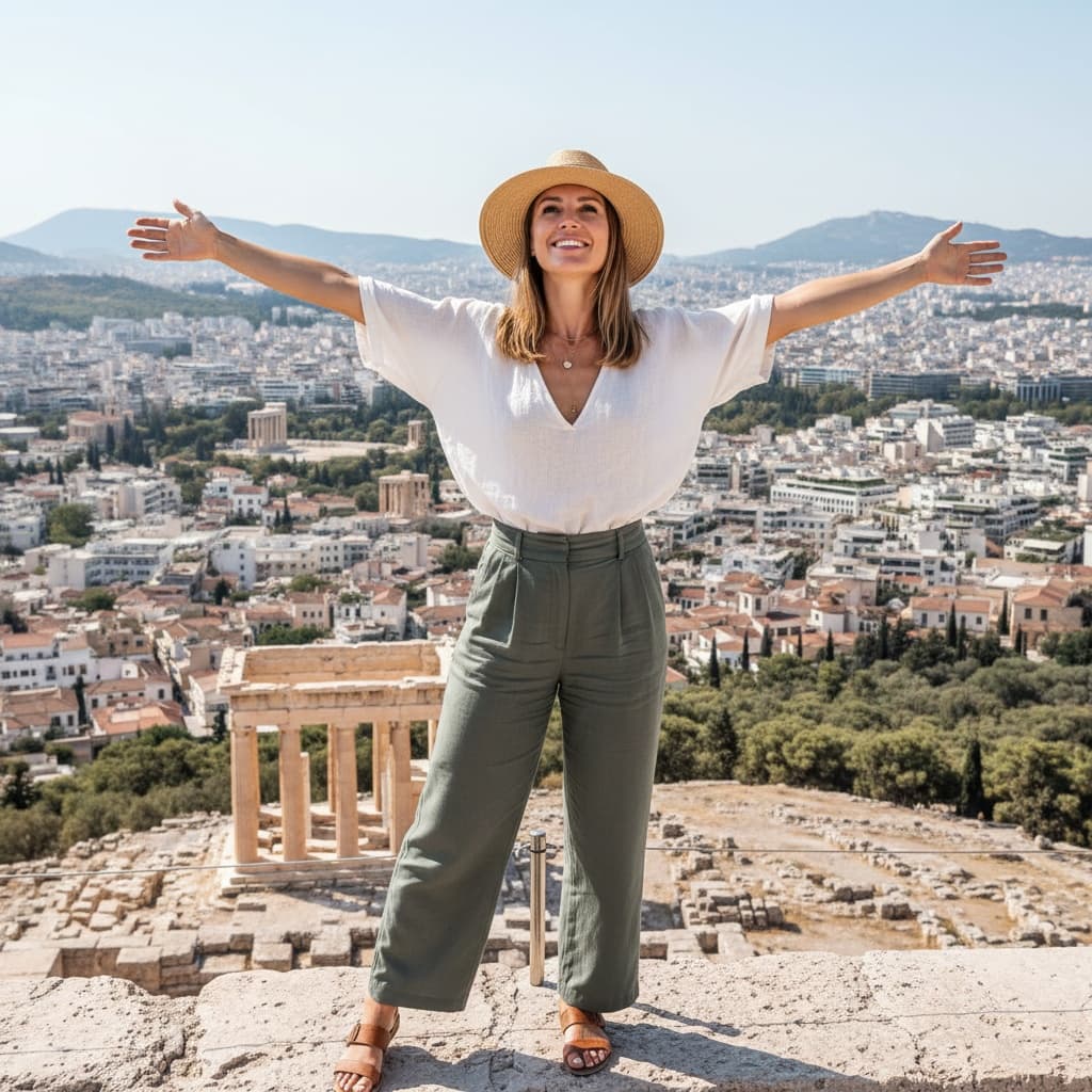 athletic white woman acropolis overlook city view 36330335