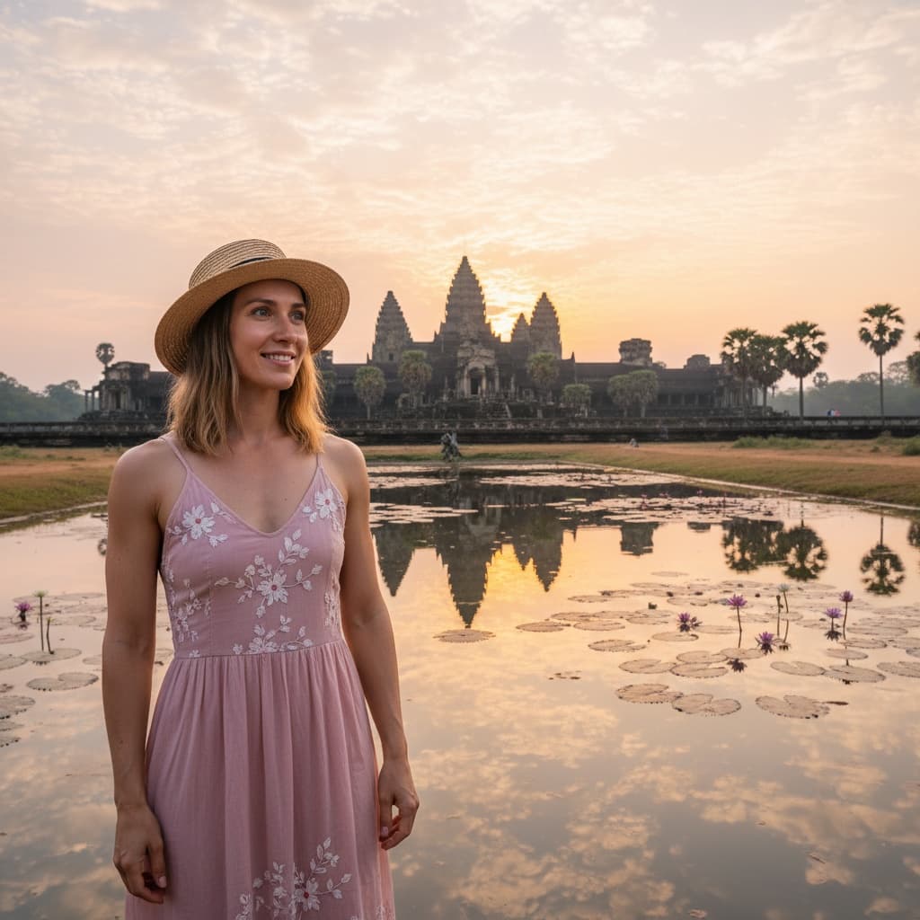 athletic white woman angkor wat reflection pool 86097368