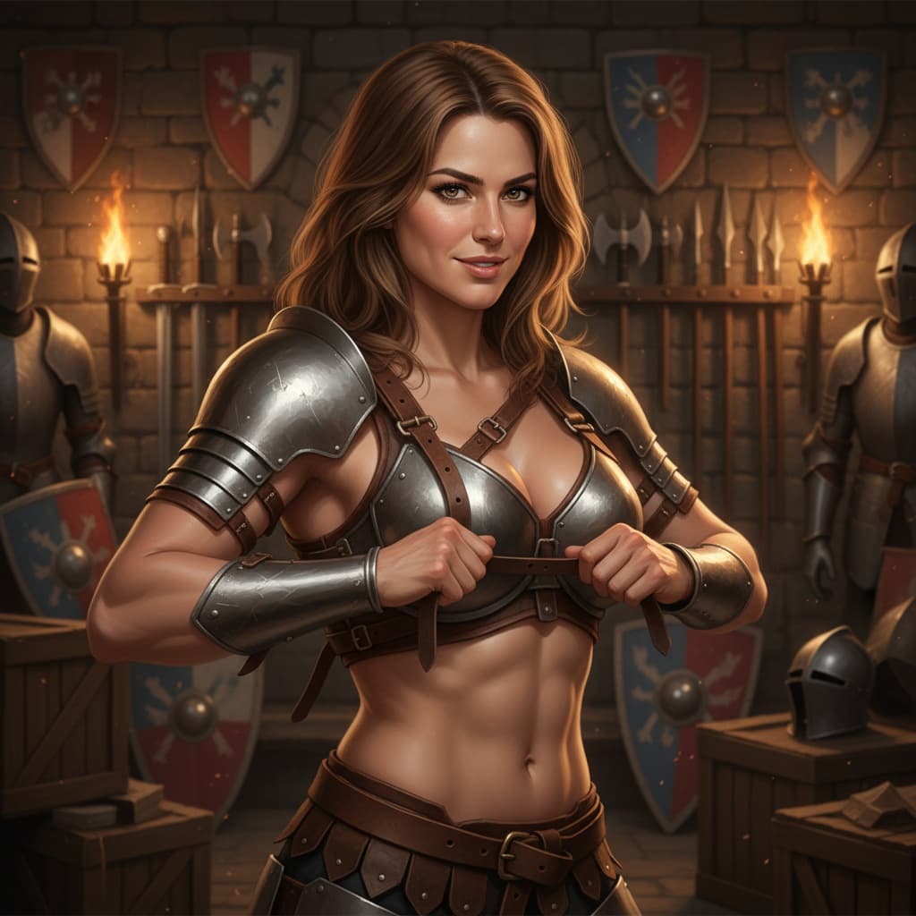 athletic white woman armory preparing equipment 15836415