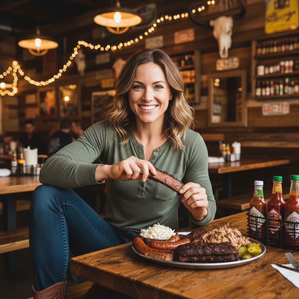 athletic white woman barbecue restaurant scene 45932748