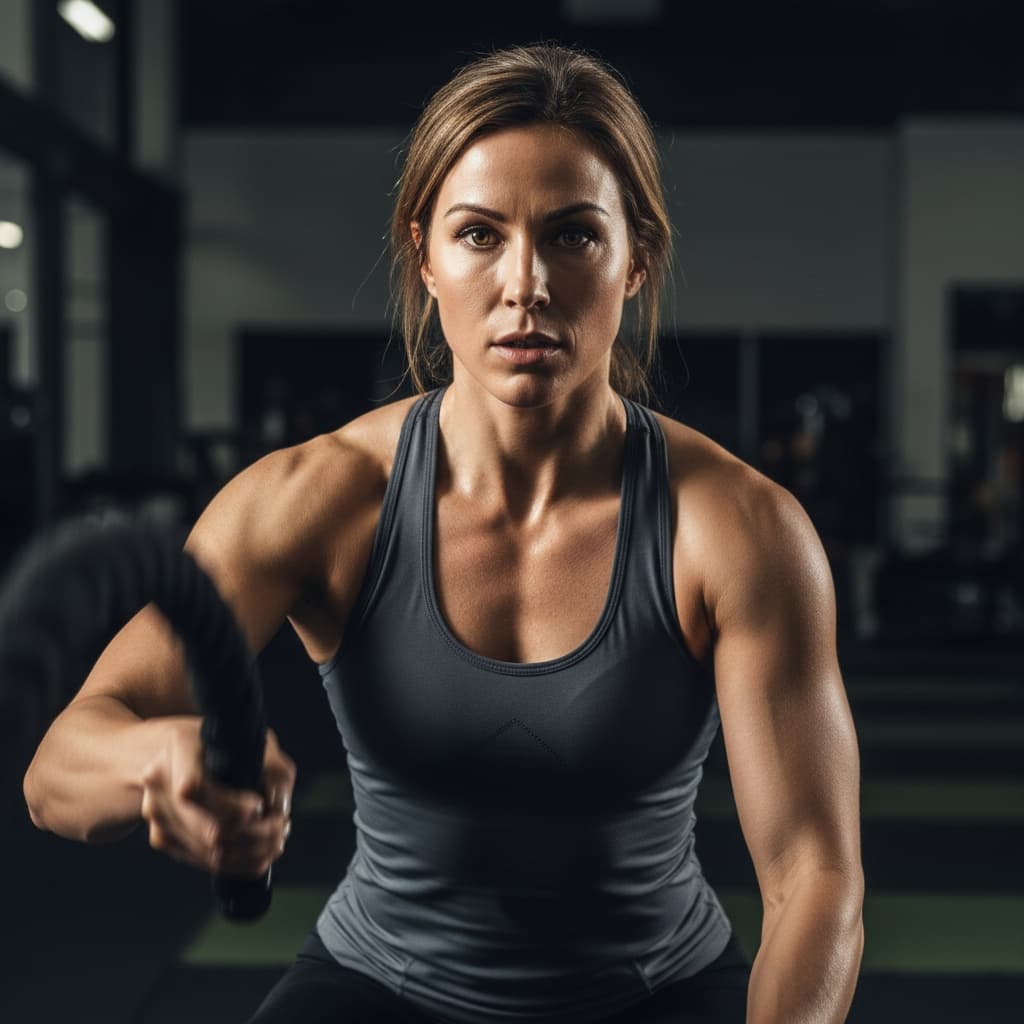 athletic white woman battle ropes intensity closeup 44770473