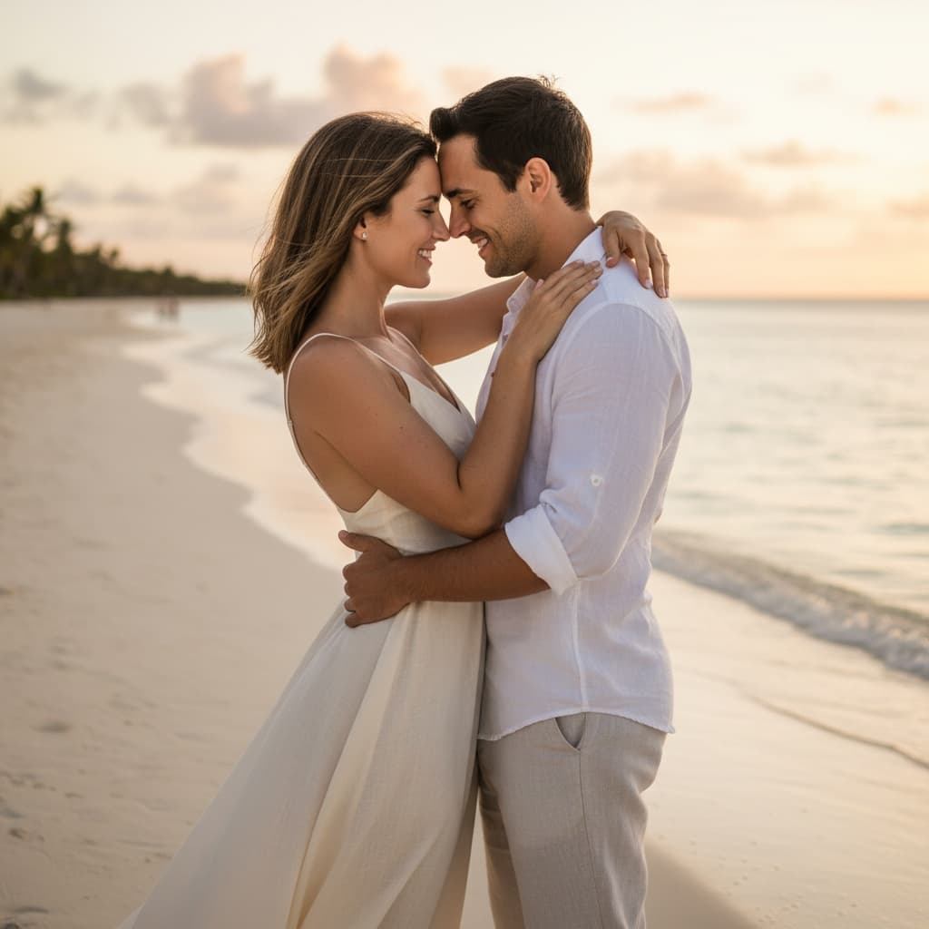 athletic white woman beach sunset embrace 75497050