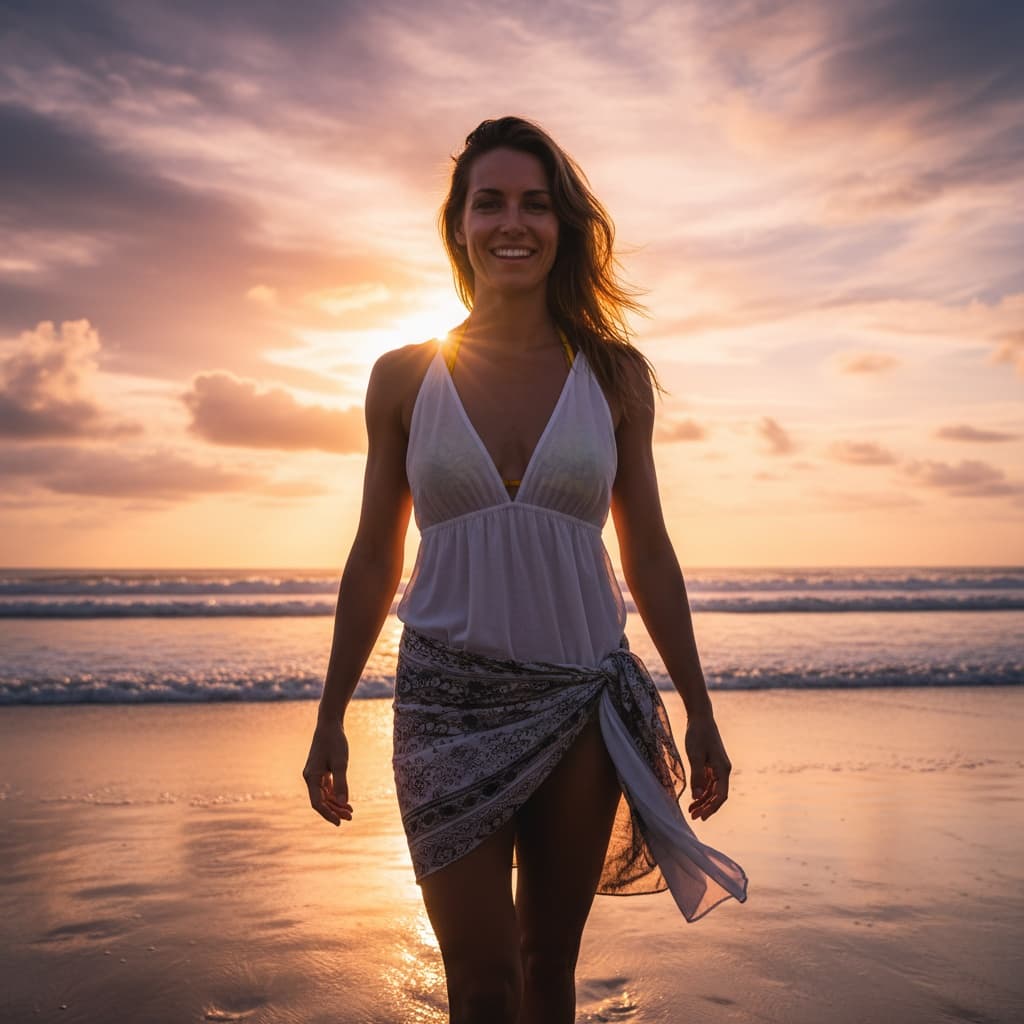 athletic white woman beach sunset silhouette 34746985
