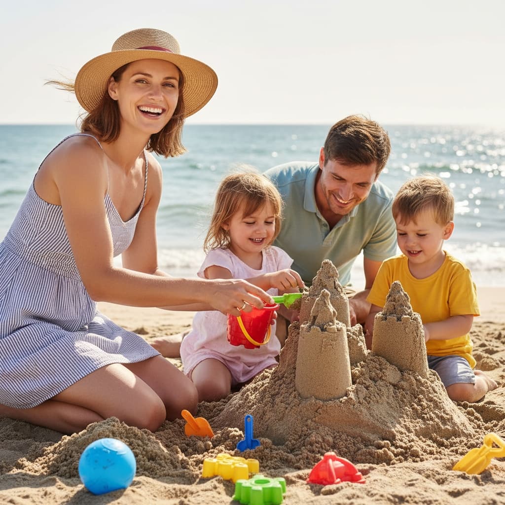 athletic white woman building sandcastle playful 63119595