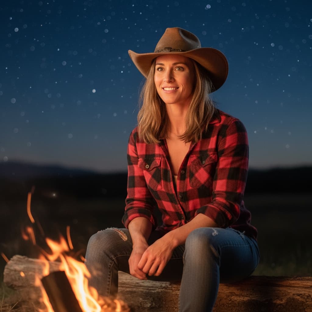 athletic white woman campfire evening portrait 69805777