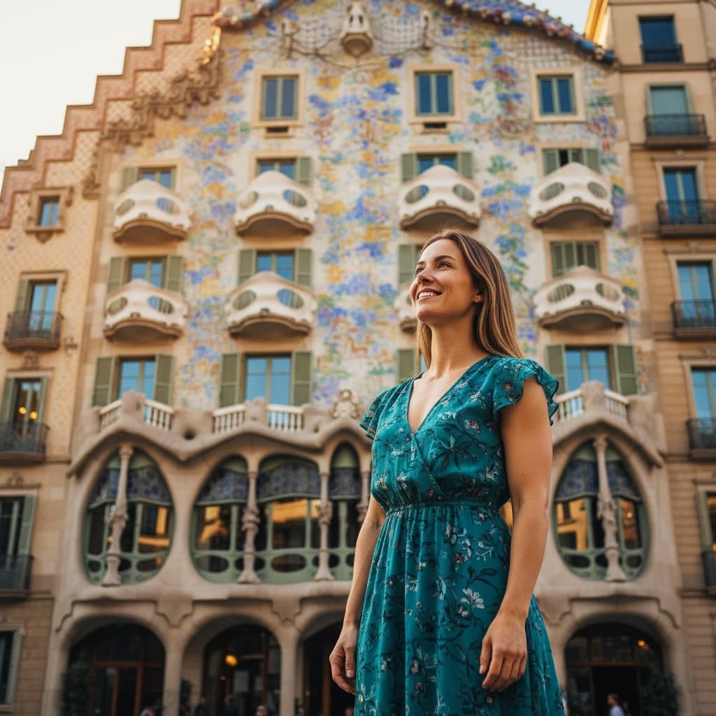 athletic white woman casa batllo balcony facade 49804993