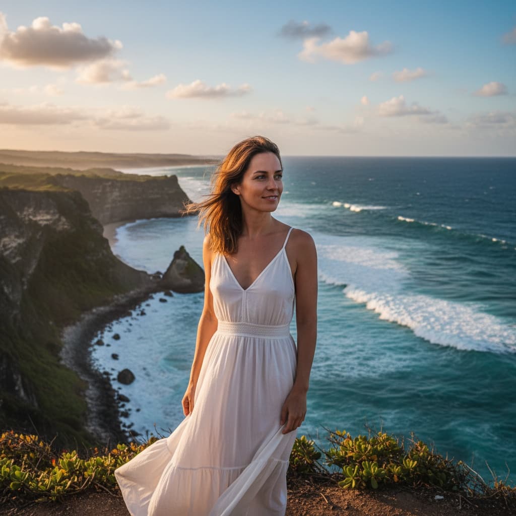 athletic white woman cliff ocean overlook 68966477