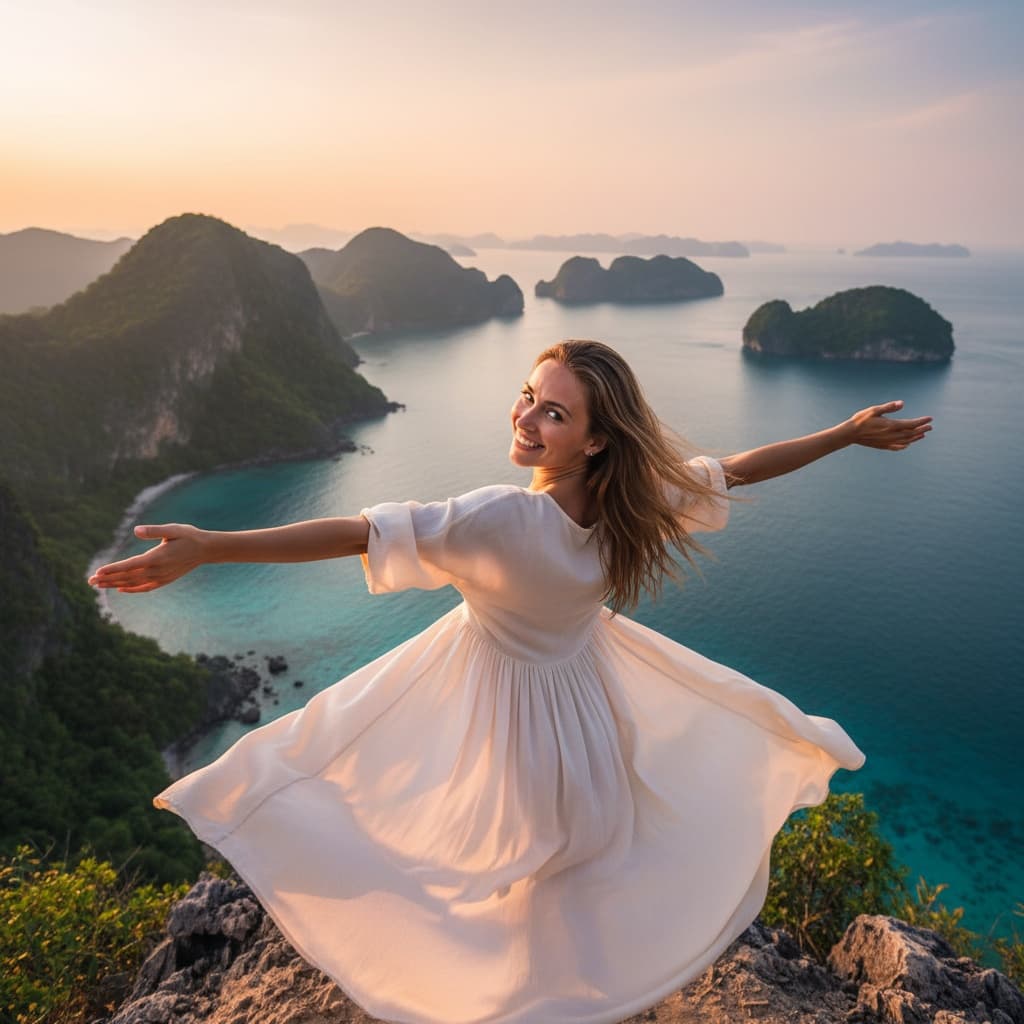 athletic white woman cliff viewpoint panorama 94827783