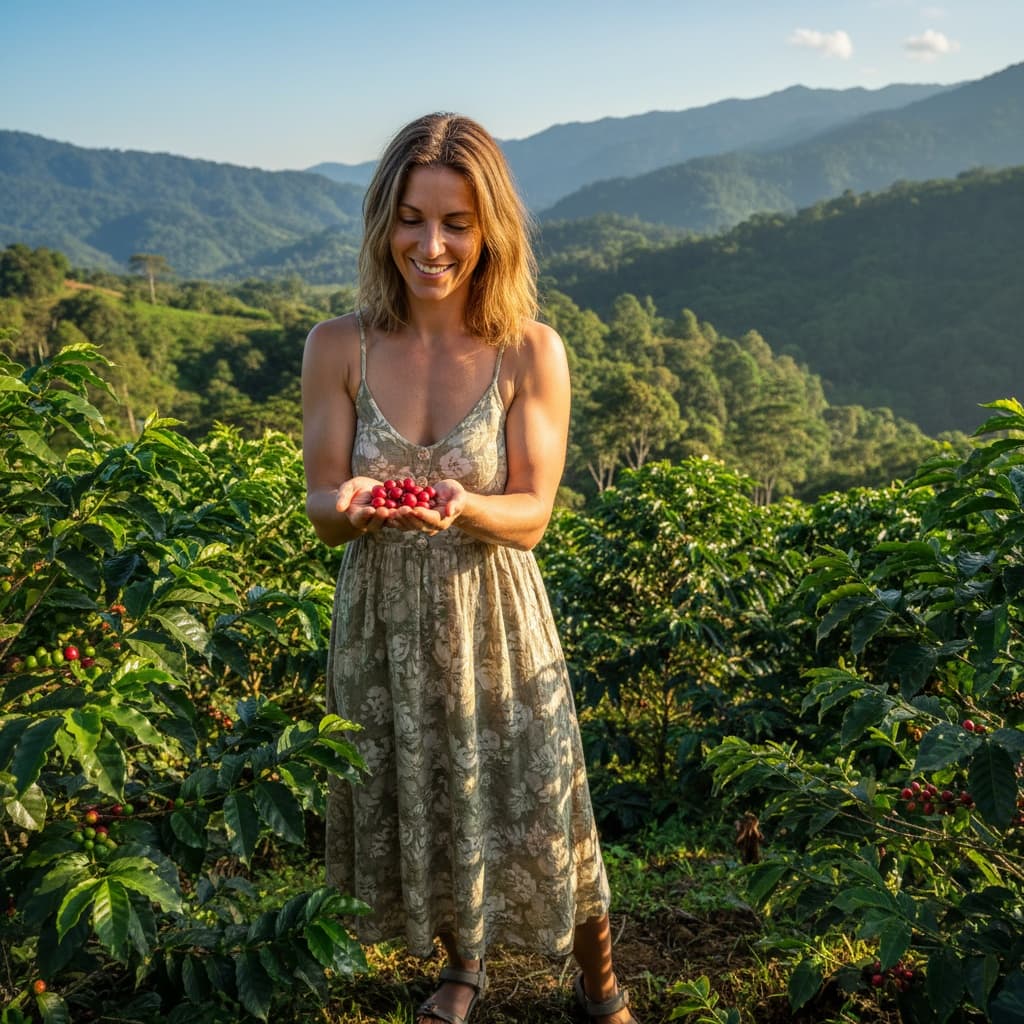 athletic white woman coffee plantation tour 77695014