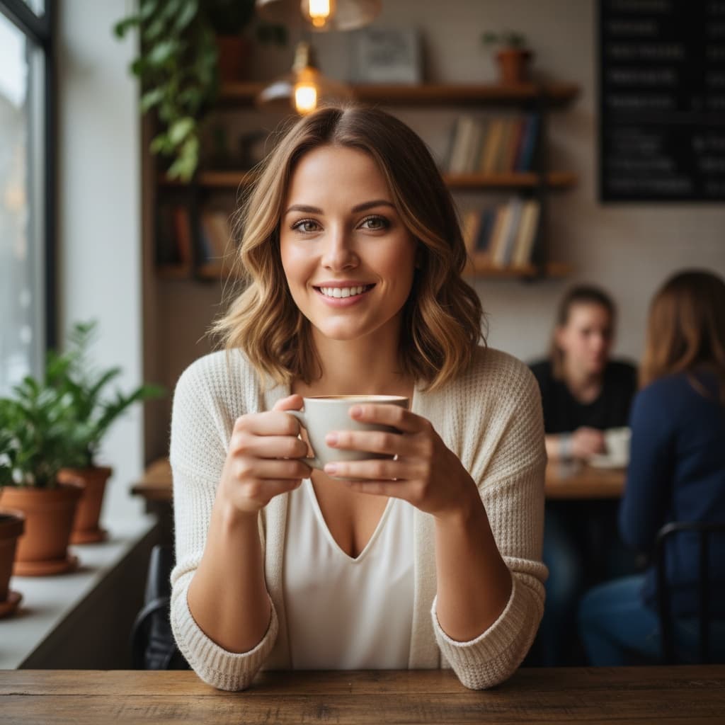 athletic white woman coffee shop casual wholesome 63519043