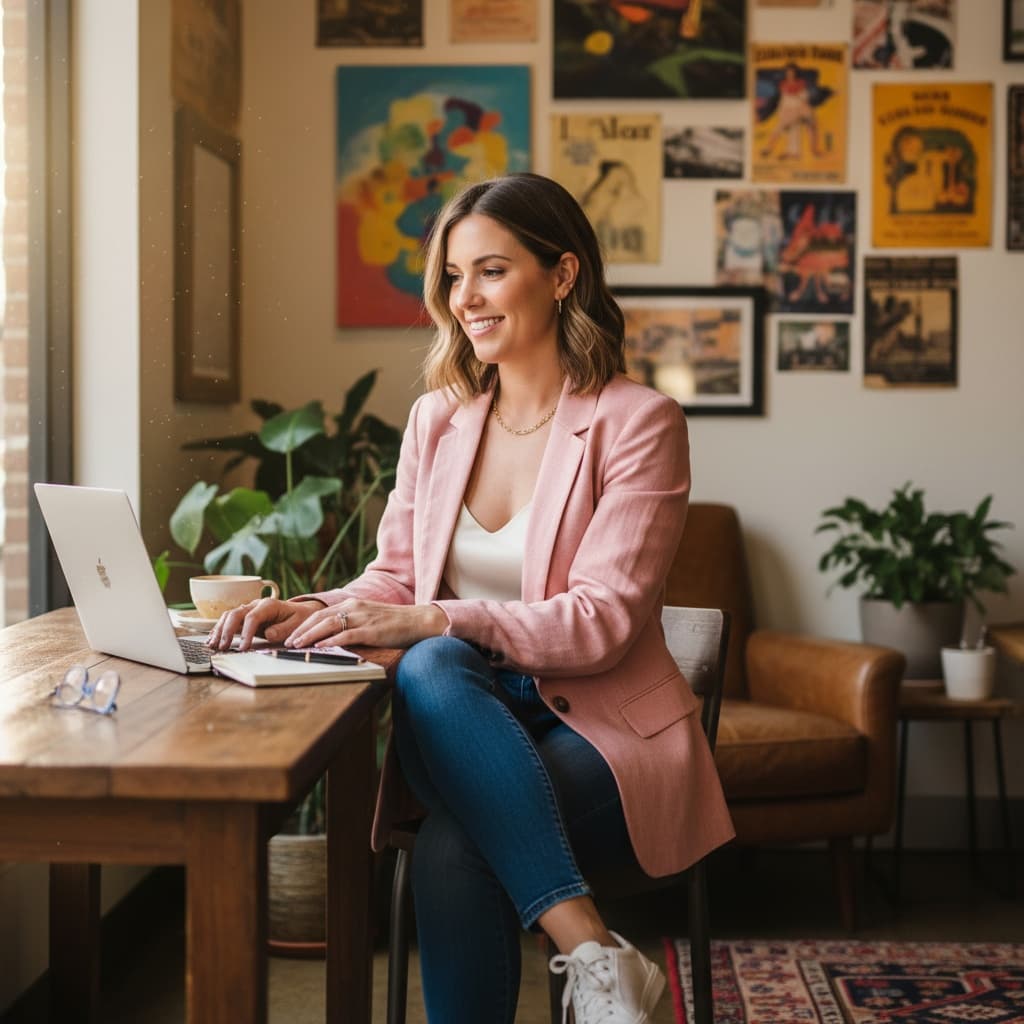 athletic white woman coffee shop working 59340213