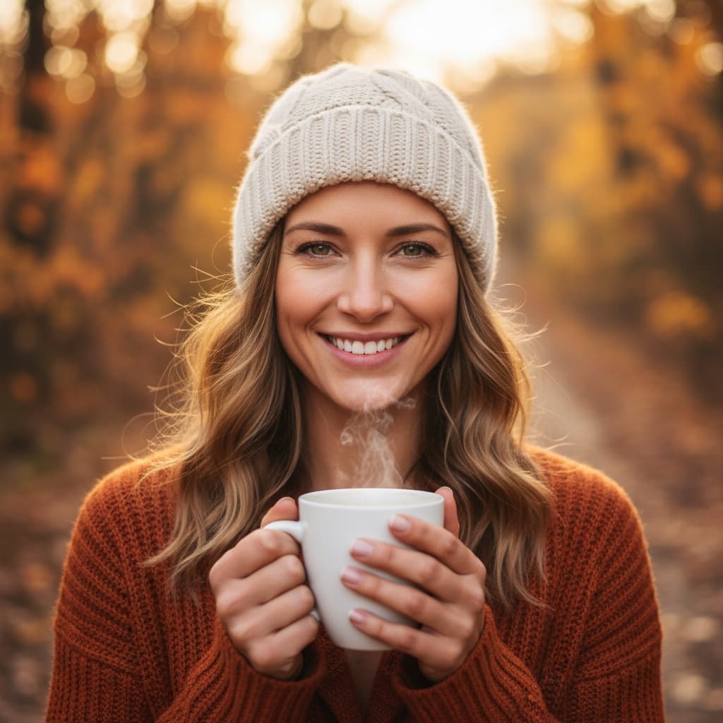 athletic white woman cozy coffee fall portrait 63331487