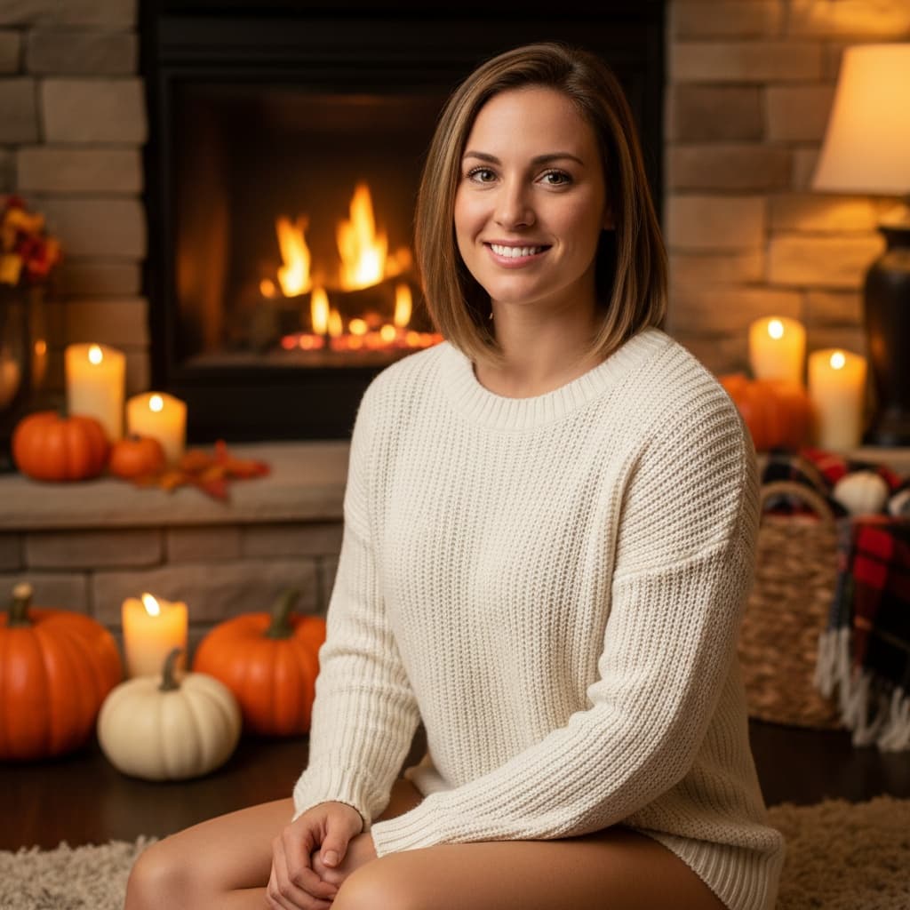 athletic white woman cozy fireplace thanksgiving 63018829