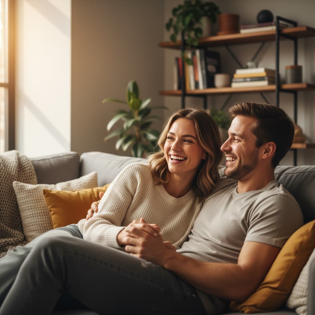 athletic white woman cozy home laughing 99778128