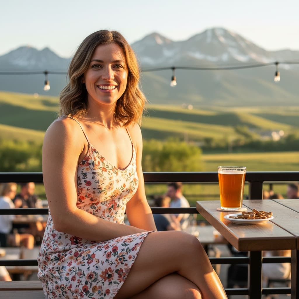 athletic white woman denver beer patio mountains 65881800