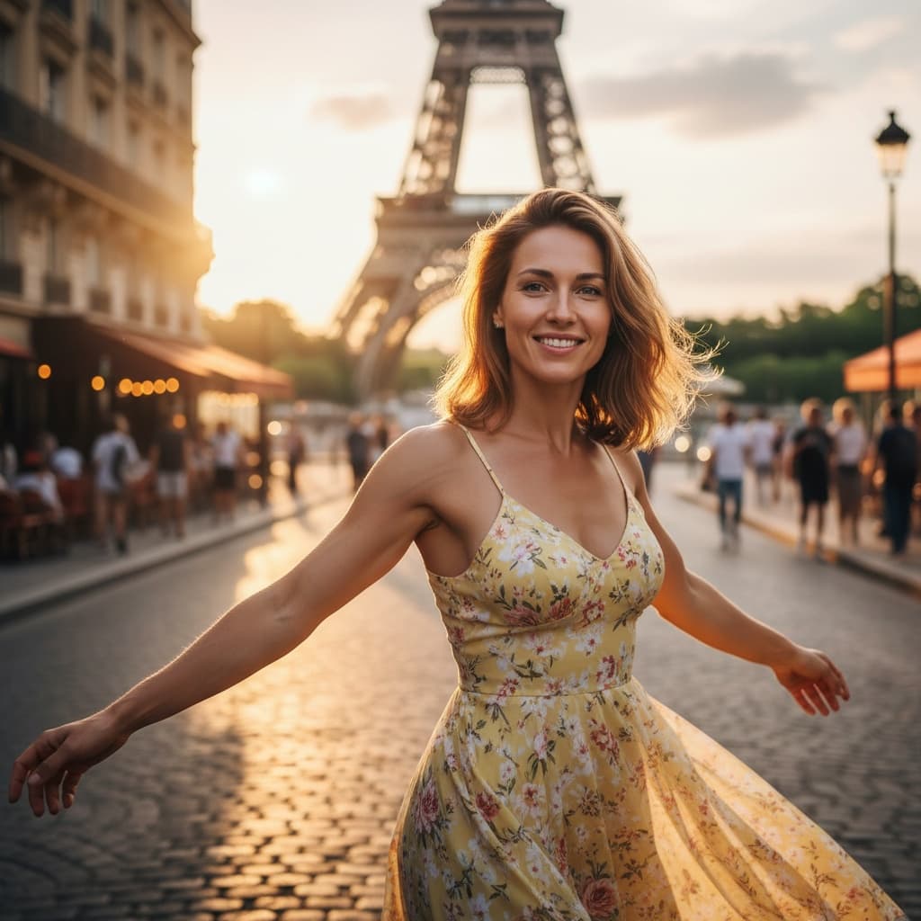 athletic white woman eiffel tower sunset portrait 63211323