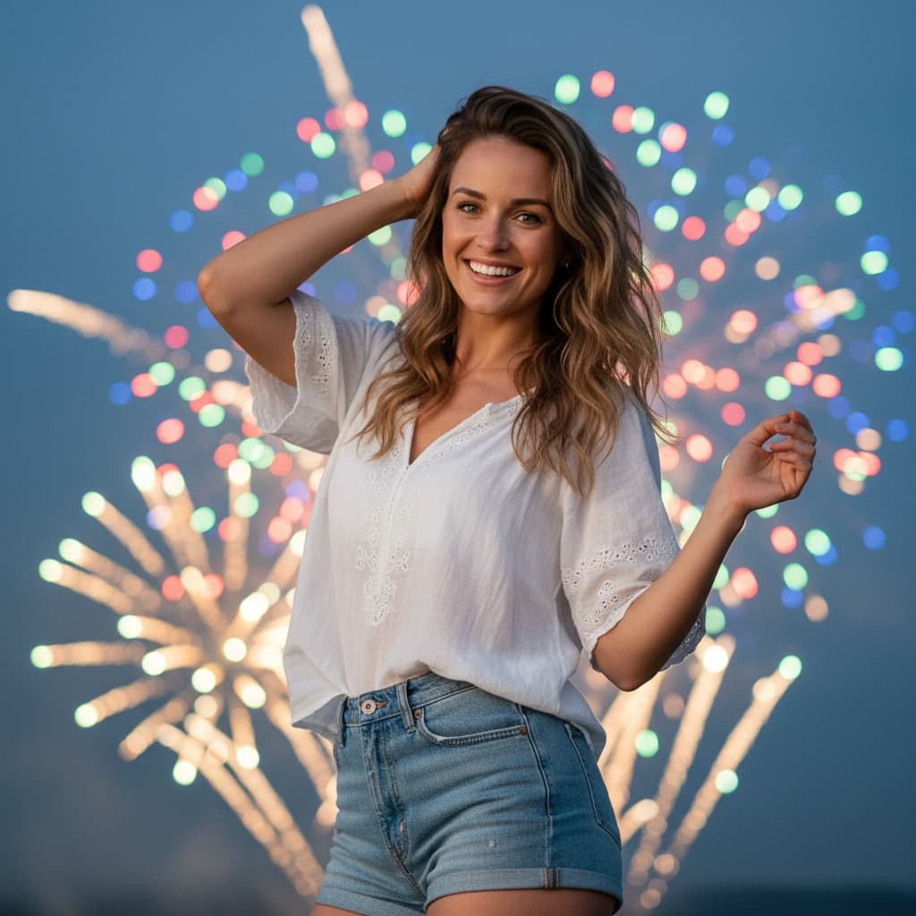 athletic white woman fireworks celebration portrait 17546159