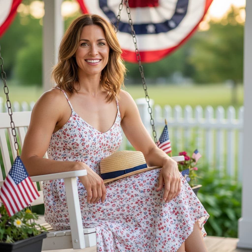 athletic white woman front porch americana 80053262