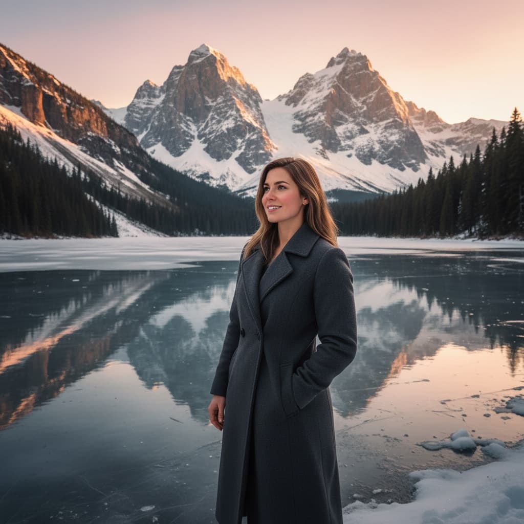 athletic white woman frozen lake landscape 32176231