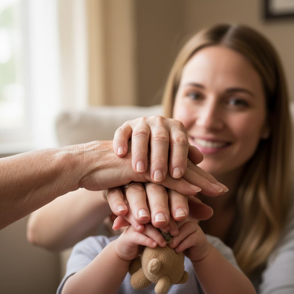 athletic white woman generations hands together 90584383