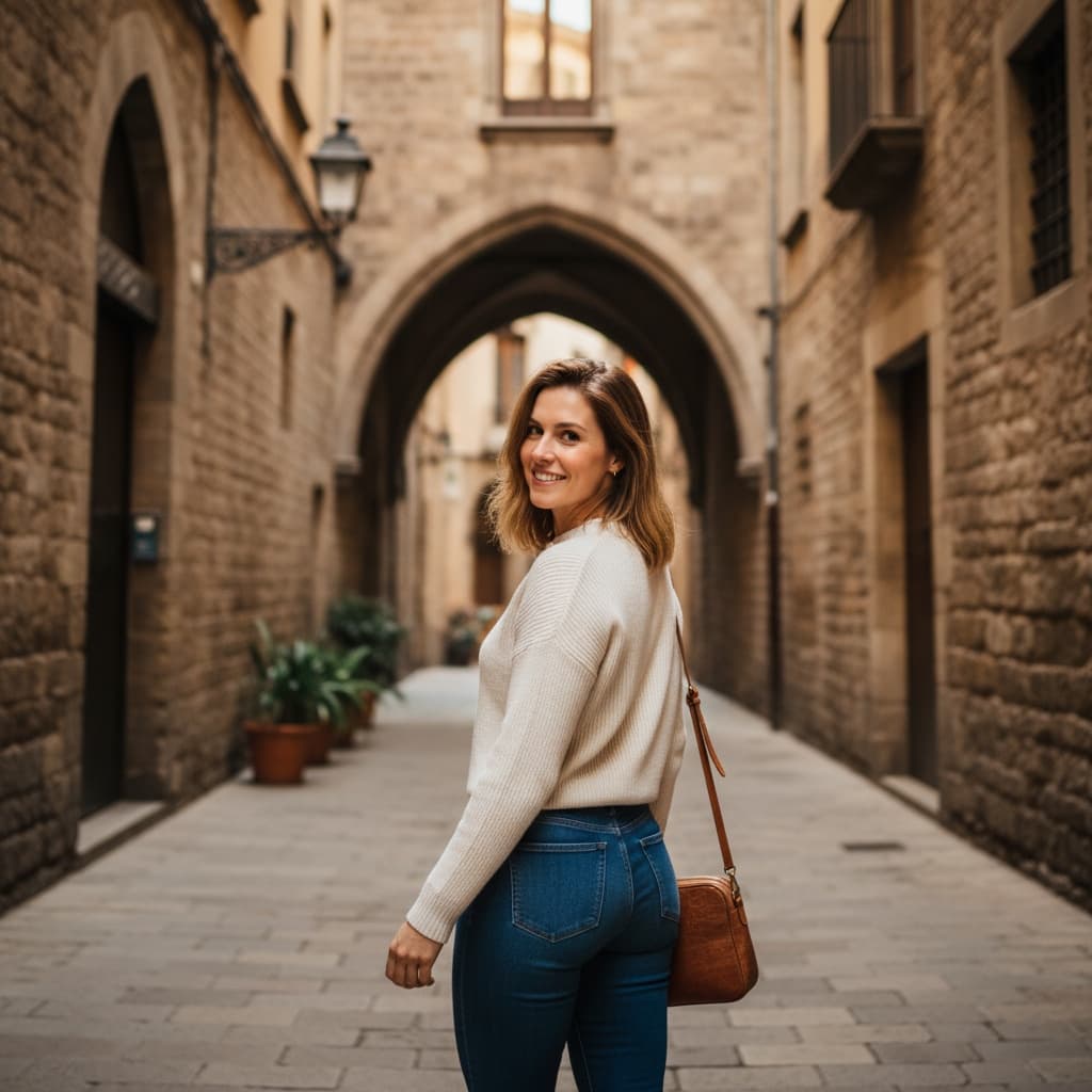 athletic white woman gothic quarter narrow street 17325568
