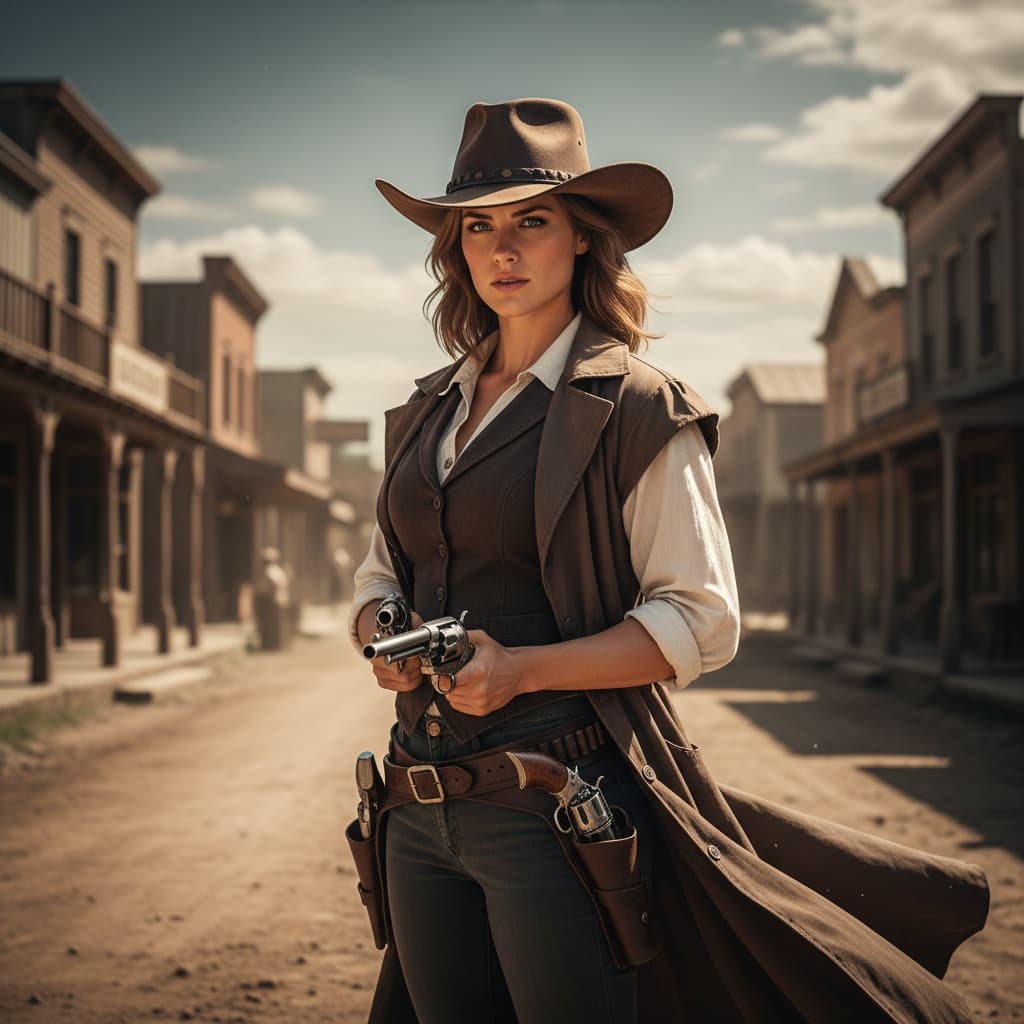 athletic white woman gunslinger main street 82368454