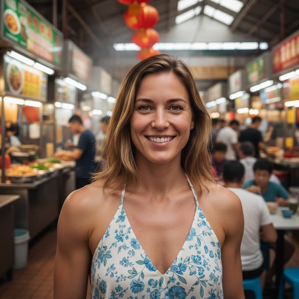 athletic white woman hawker center street food 95219186