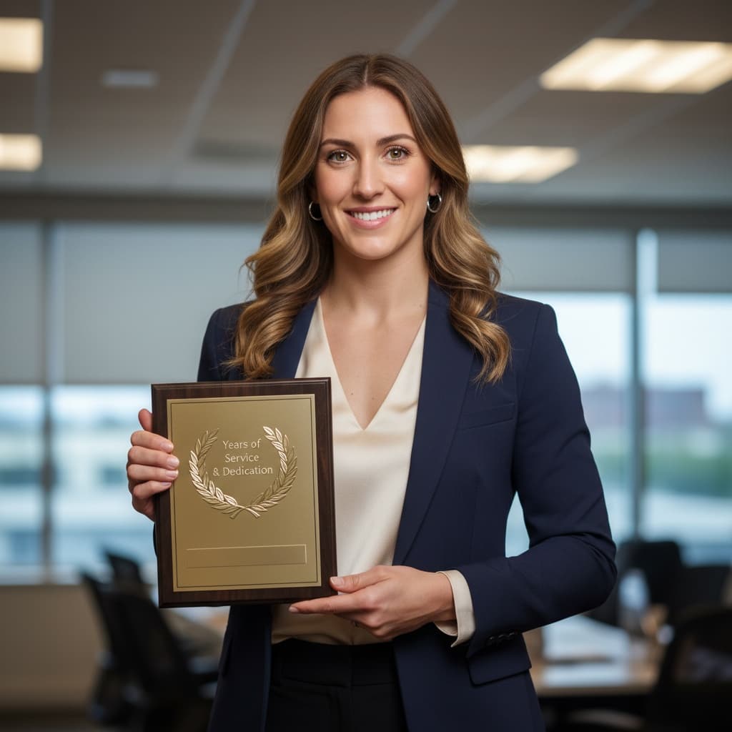athletic white woman holding retirement plaque 24241341