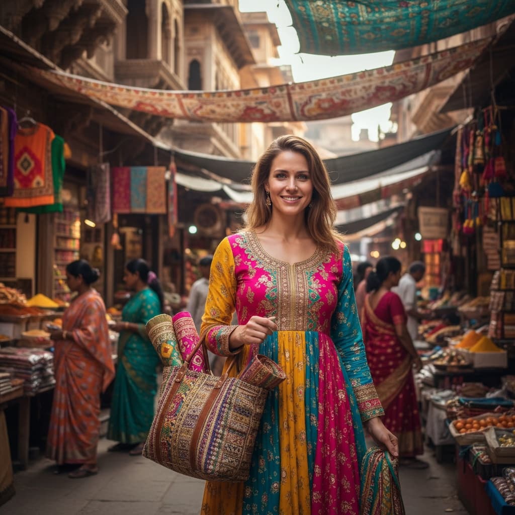 athletic white woman indian marketplace cultural 29238339