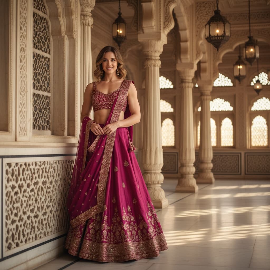 athletic white woman indian palace interior 40144152