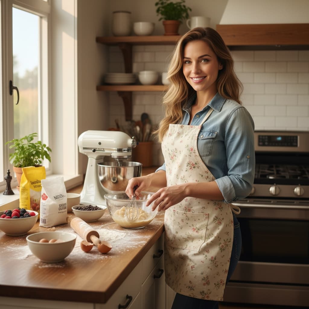 athletic white woman kitchen baking scene 22479493