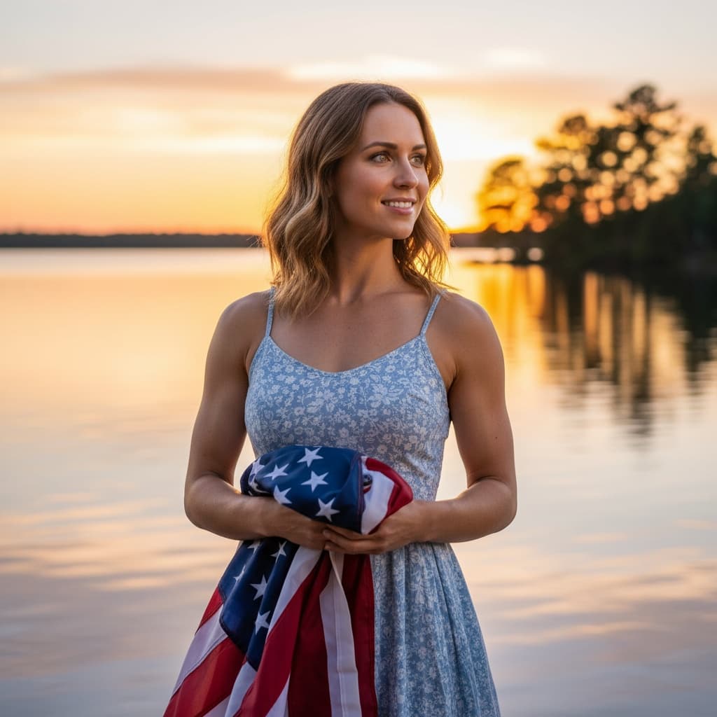 athletic white woman lakeside patriotic sunset 53042766