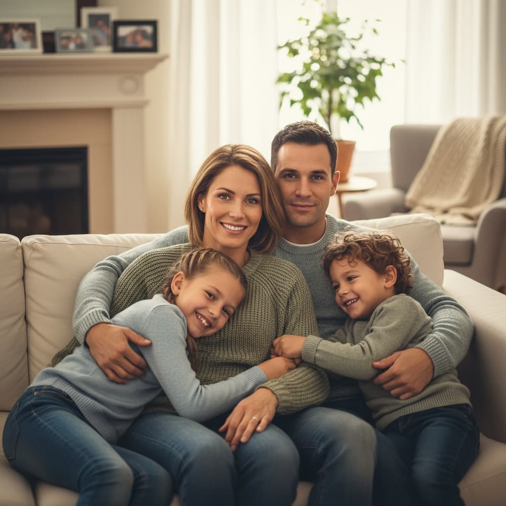 athletic white woman living room couch portrait 99245254