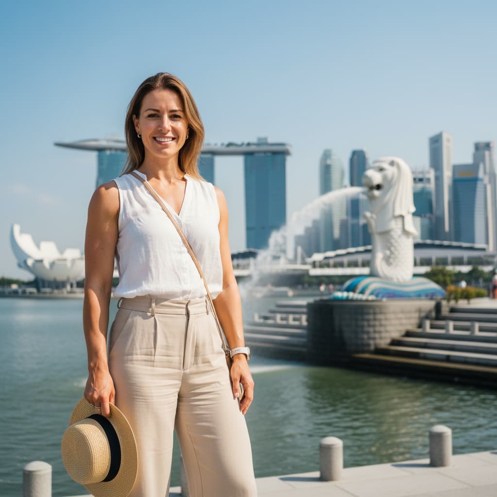 athletic white woman merlion park tourist spot 49231463