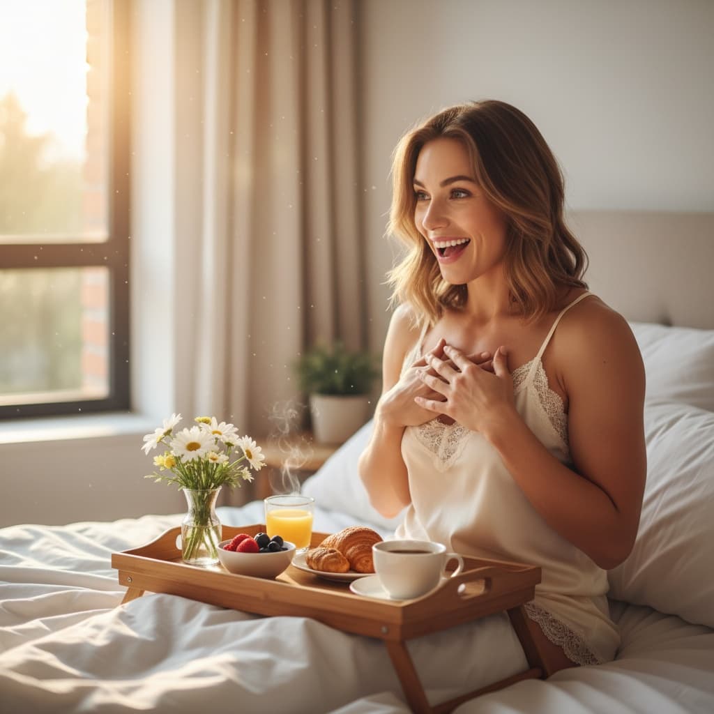 athletic white woman mom breakfast in bed 93047199