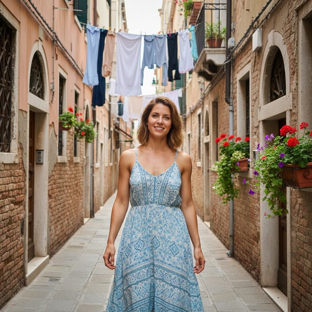 athletic white woman narrow alley walking 46624228