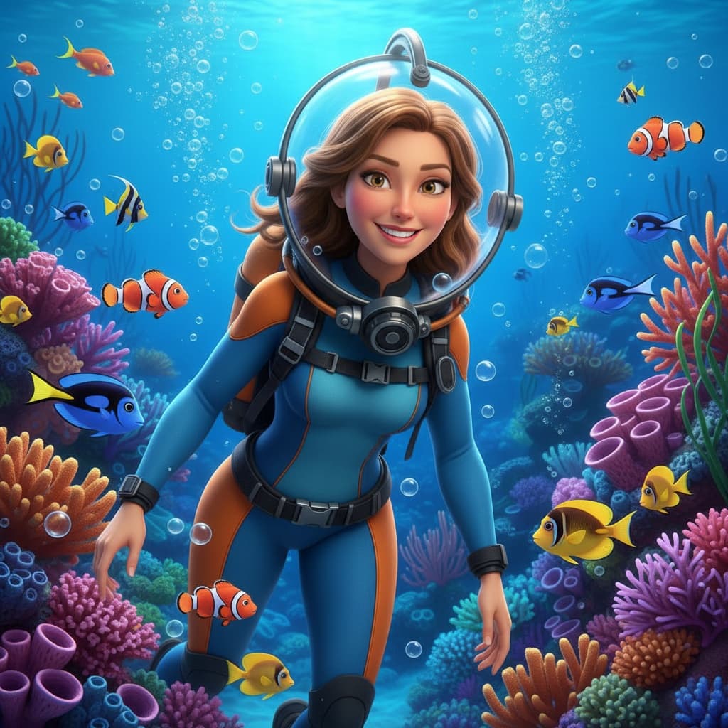 athletic white woman nemo underwater diver 80455023