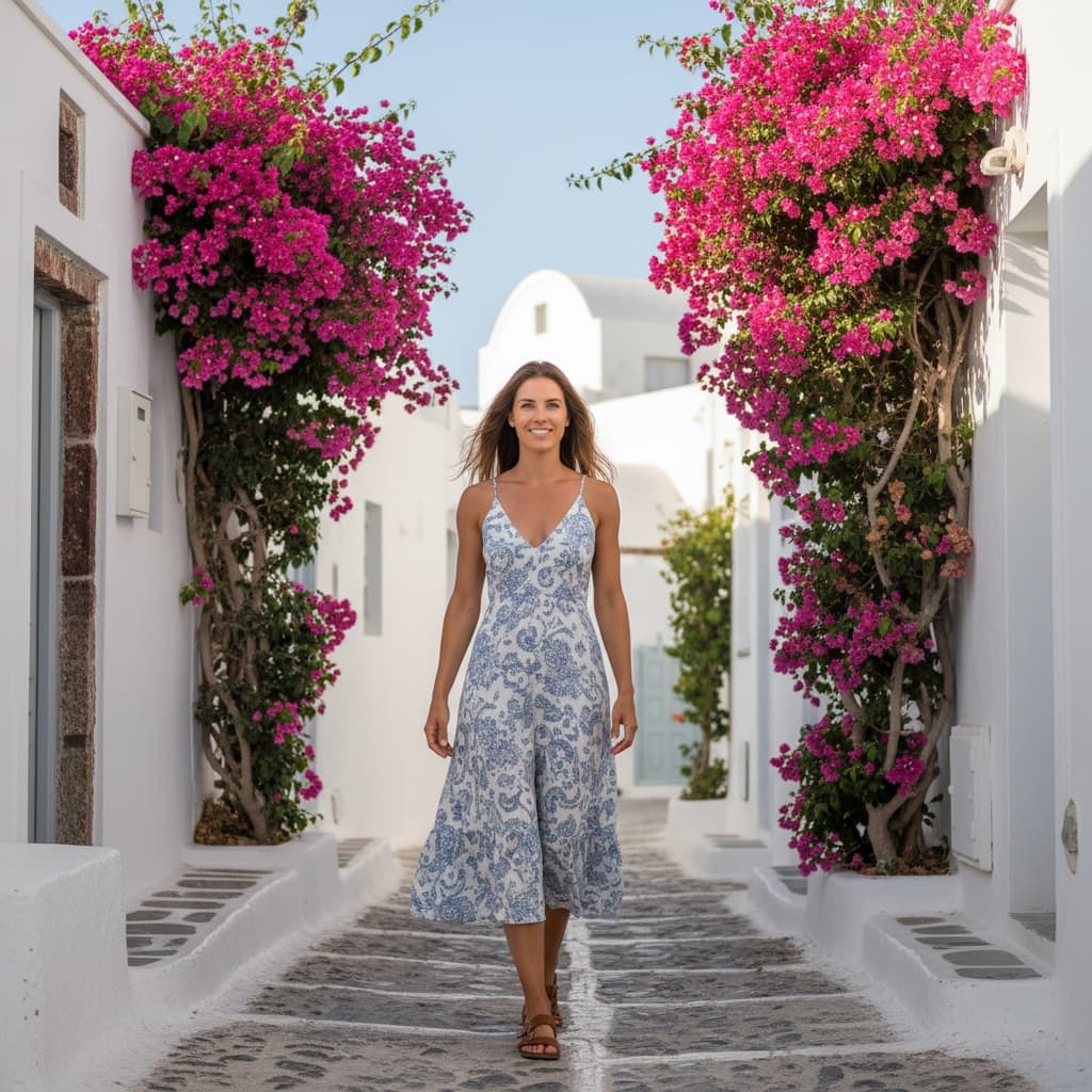 athletic white woman oia narrow streets 86735665