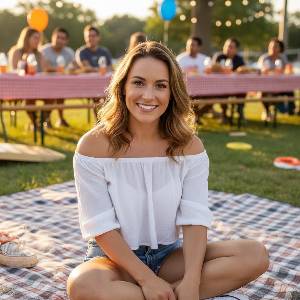 athletic white woman outdoor group picnic style 30390455