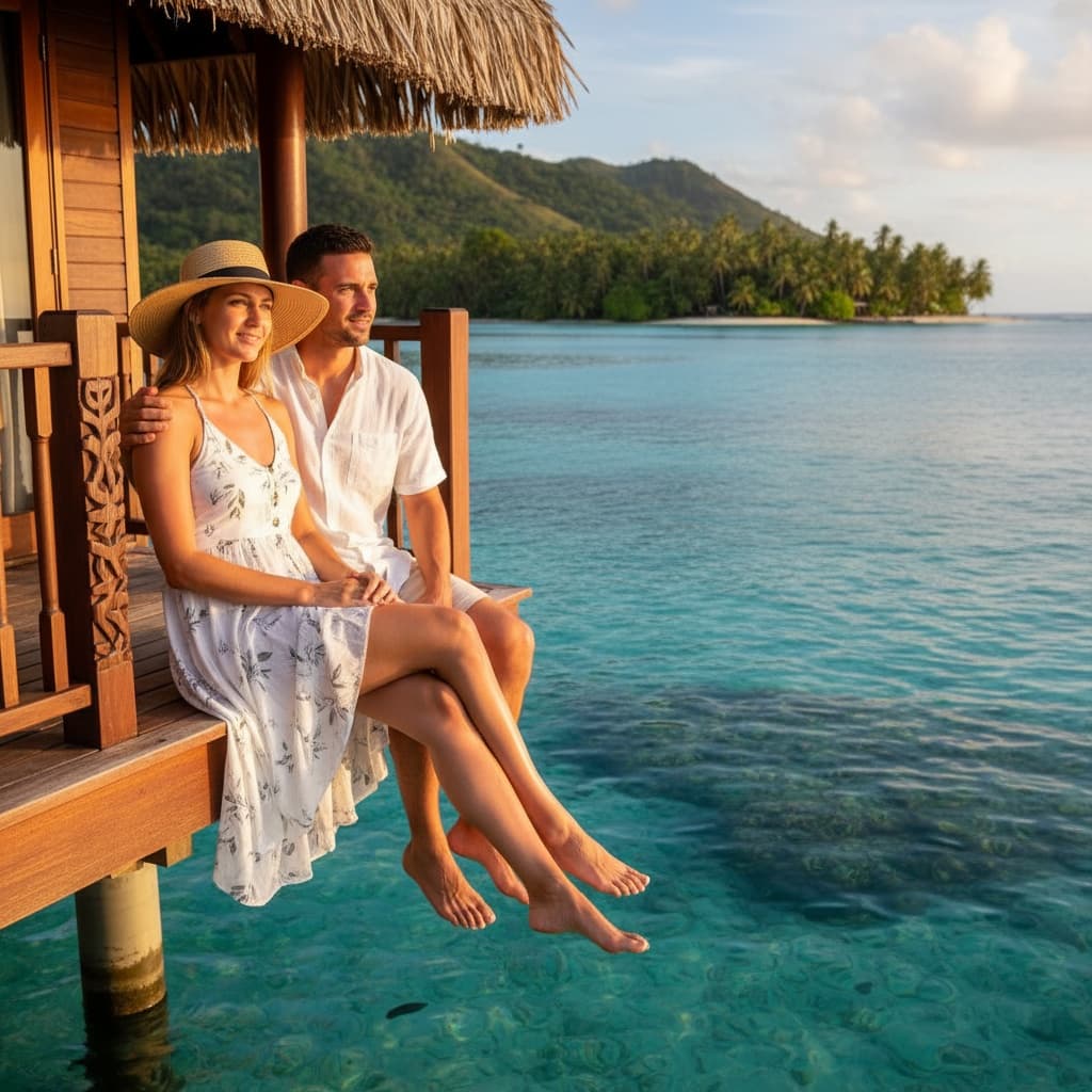 athletic white woman overwater bungalow deck 92861656
