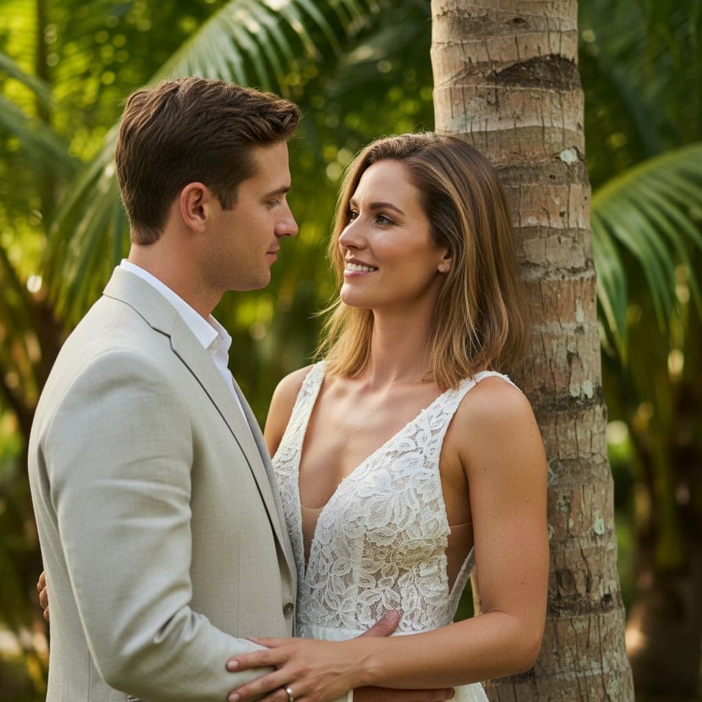 athletic white woman palm tree intimate moment 13369057