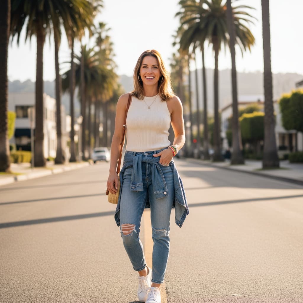 athletic white woman palm tree lined street 22572207