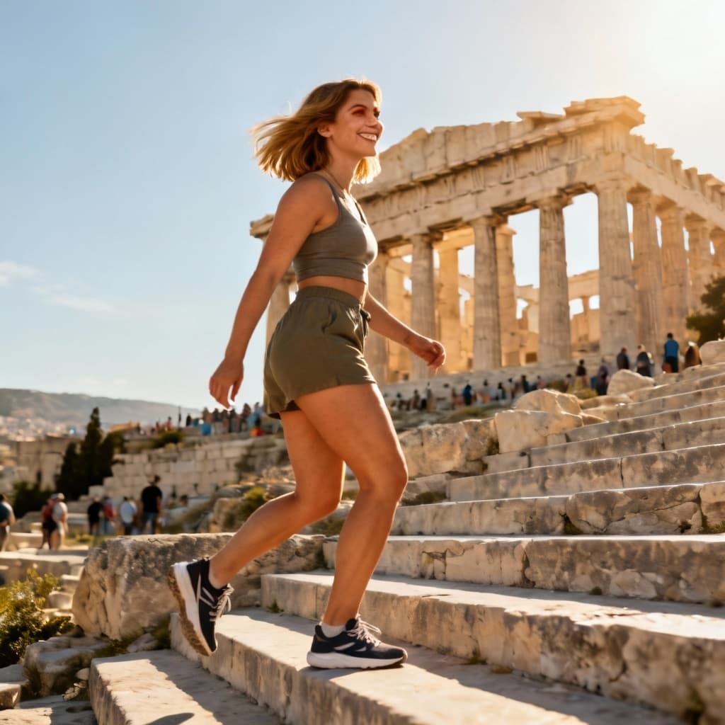athletic white woman parthenon steps walking 36539221