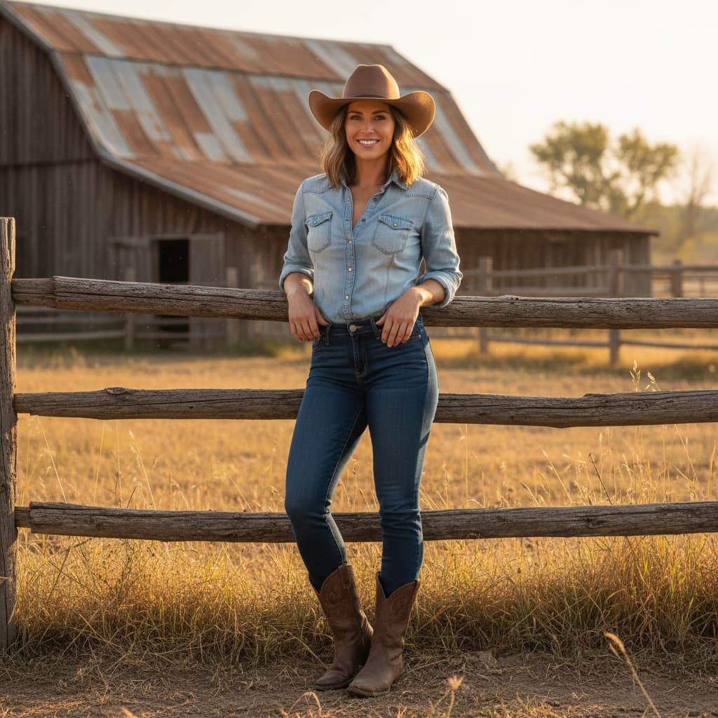 athletic white woman ranch fence leaning 72616724