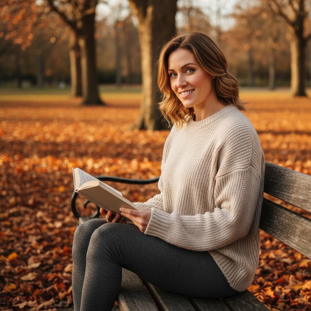 athletic white woman reading book fall bench 47189788