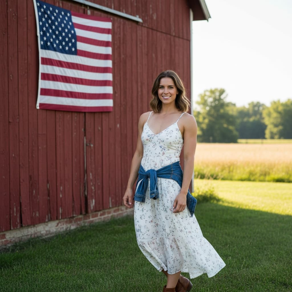 athletic white woman red barn americana 25465455