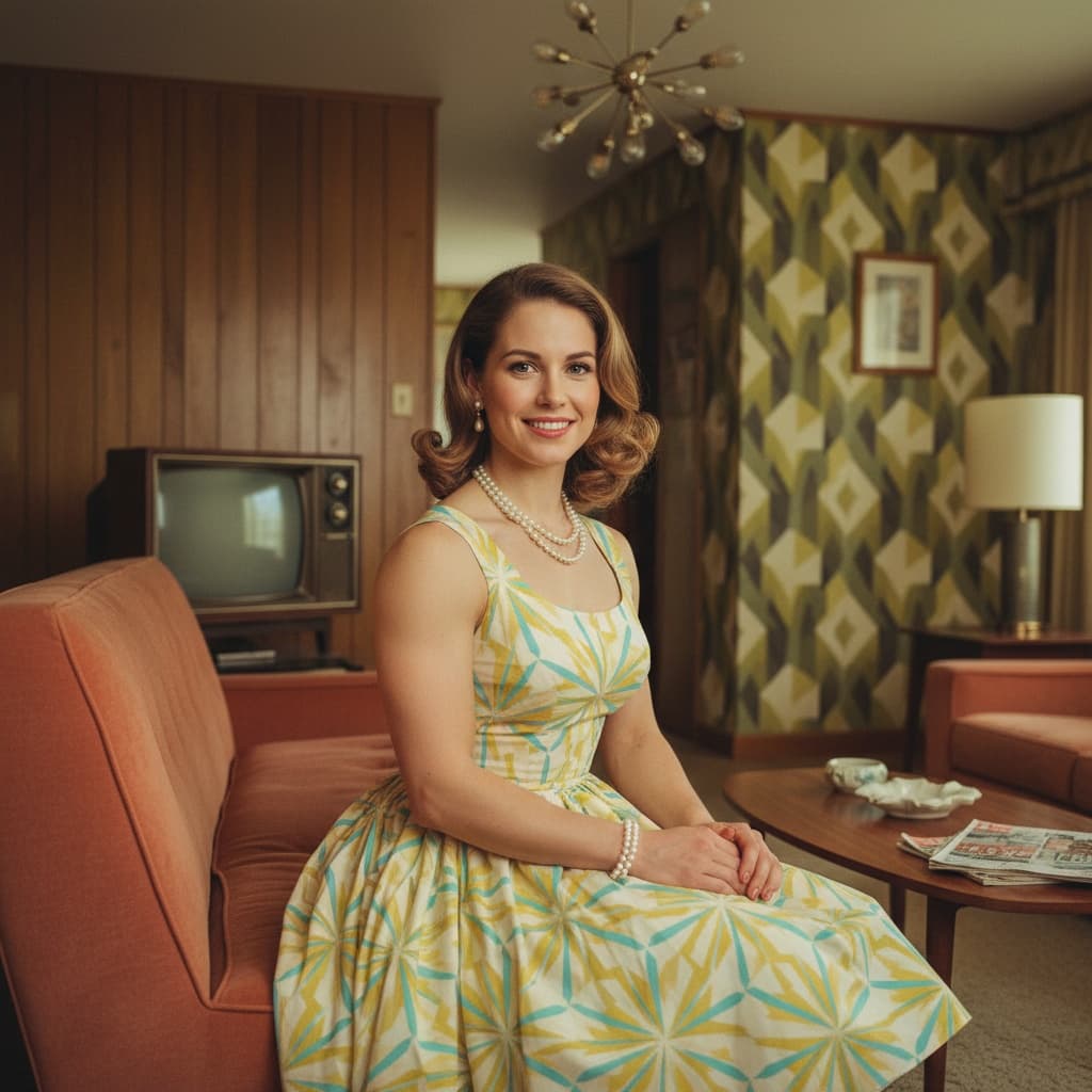 athletic white woman retro living room portrait 20194168