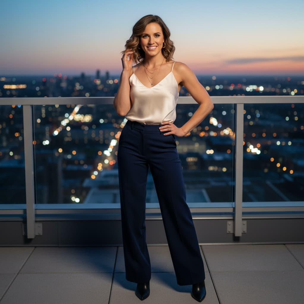 athletic white woman rooftop city skyline evening 56297500
