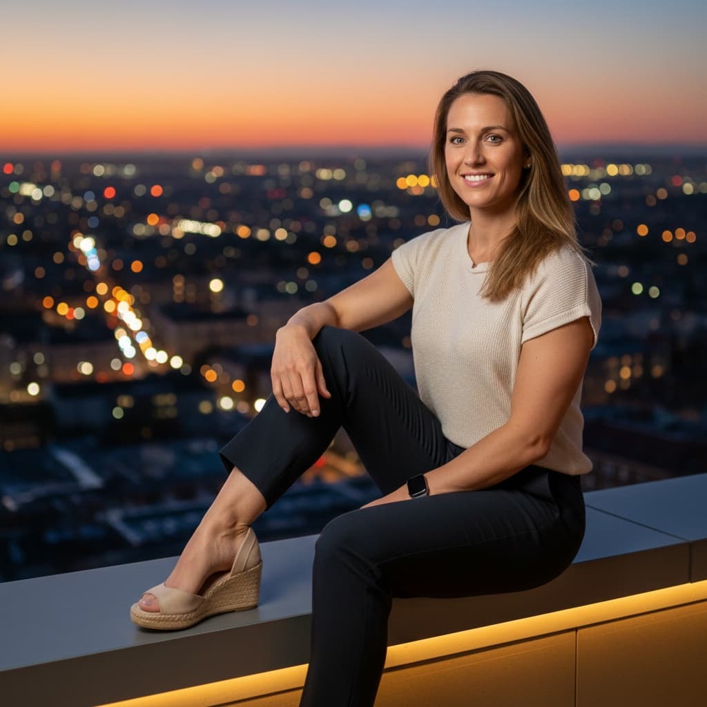 athletic white woman rooftop cityscape sunset 51621809